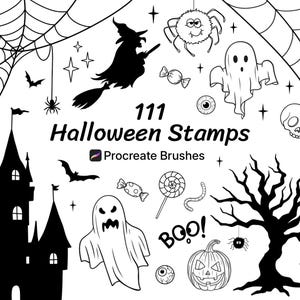 May include: Black and white Halloween-themed digital stamps. Includes a witch on a broom, ghosts, a haunted house, spiderwebs, bats, a pumpkin, and the text "111 Halloween Stamps".