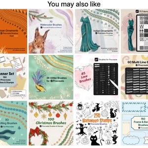 Op de afbeelding: Een digitale collectie van twaalf vierkante promotionele afbeeldingen voor Procreate-penseelsets, met diverse thema's waaronder Afrikaanse ornamenten, een aquarel eekhoorn, een Indiase sari, stoftexturen, planner-elementen, een glittervis, liefdesharten, meervoudige lijnen, een gans met sjaal, kerstversieringen, Halloween-iconen en kaders.