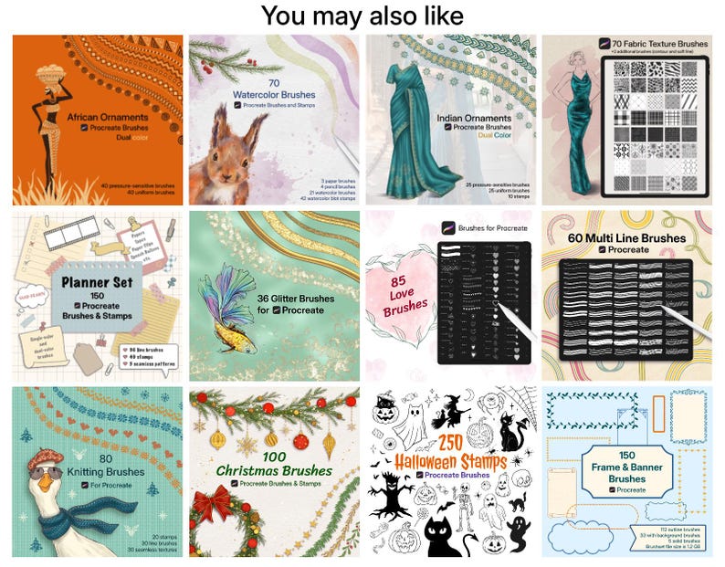 Op de afbeelding: Een digitale collectie van twaalf vierkante promotionele afbeeldingen voor Procreate-penseelsets, met diverse thema's waaronder Afrikaanse ornamenten, een aquarel eekhoorn, een Indiase sari, stoftexturen, planner-elementen, een glittervis, liefdesharten, meervoudige lijnen, een gans met sjaal, kerstversieringen, Halloween-iconen en kaders.