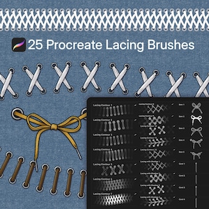 Könnte beinhalten: Digitalgrafik mit 25 Procreate-Schnürpinseln. Das Bild zeigt verschiedene Schnürstile, darunter Kontur- und Schleifendesigns, vor einem denimartigen Hintergrund. Der Text "25 Procreate Lacing Brushes" ist zu sehen.