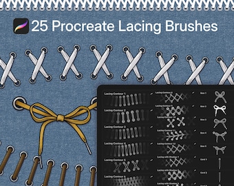 May include: Digital art graphic featuring 25 Procreate lacing brushes. The image shows various lacing styles, including contour and bow designs, with a denim-like background. The text "25 Procreate Lacing Brushes" is displayed.