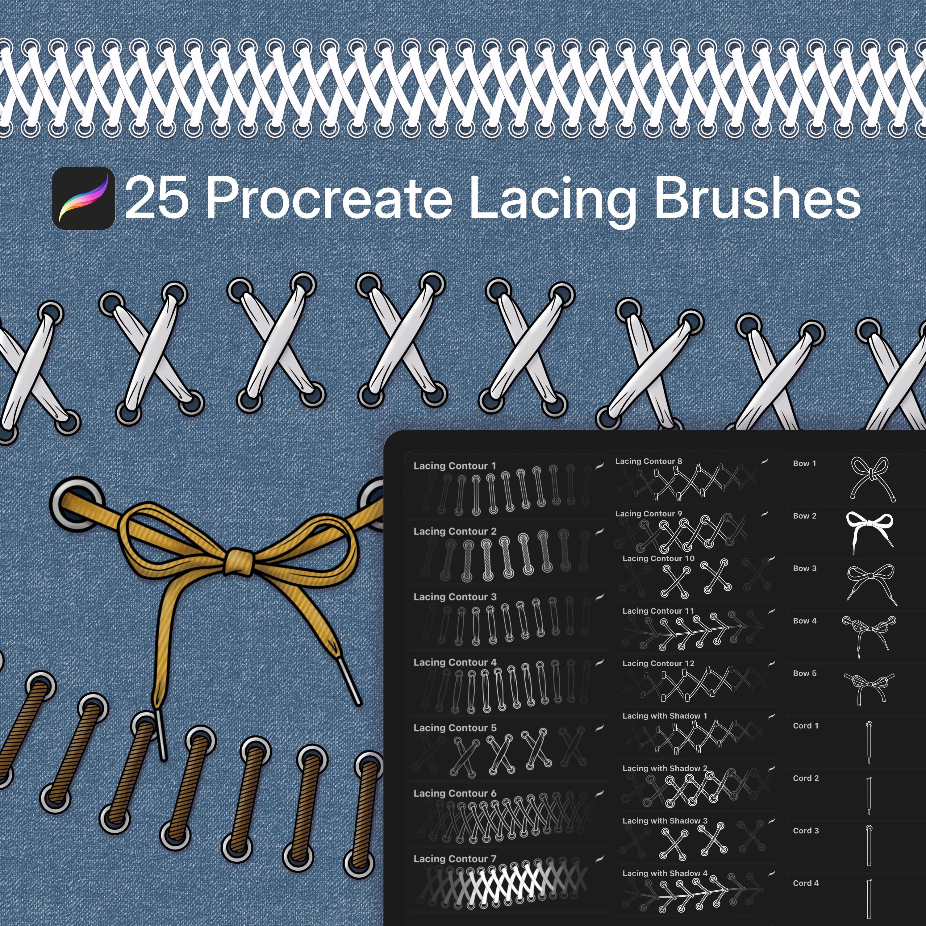 25 pinceles de Procreate para lacing – Set de moda de lazos, cordones y cuerdas
