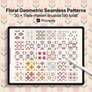 May include: A digital tablet displays a collection of floral geometric seamless patterns. The patterns are in various designs, featuring flowers and geometric shapes in pink, yellow, green, and white. The tablet's screen shows the text "Floral Geometric Seamless Patterns".
