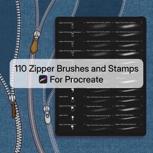 May include: A digital art collection of 110 zipper brushes and stamps for Procreate. The image shows a tablet screen with various zipper designs. The background is a denim texture with zipper details.