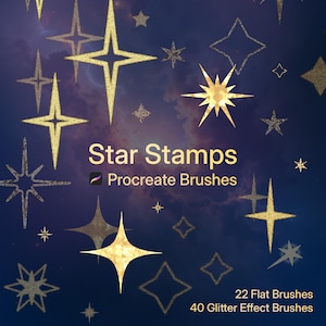 May include: A digital art graphic with a dark blue background featuring various gold star shapes. The text "Star Stamps" is displayed in large, gold letters, with "Procreate Brushes" below. The image also lists "22 Flat Brushes" and "40 Glitter Effect Brushes".