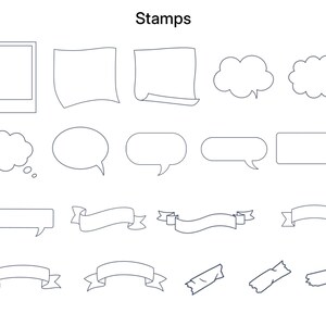 May include: A collection of black and white line art stamps labelled Stamps, featuring various shapes including a polaroid frame, square notes, cloud and oval speech bubbles, rectangular text boxes, decorative ribbons, and three pieces of tape.