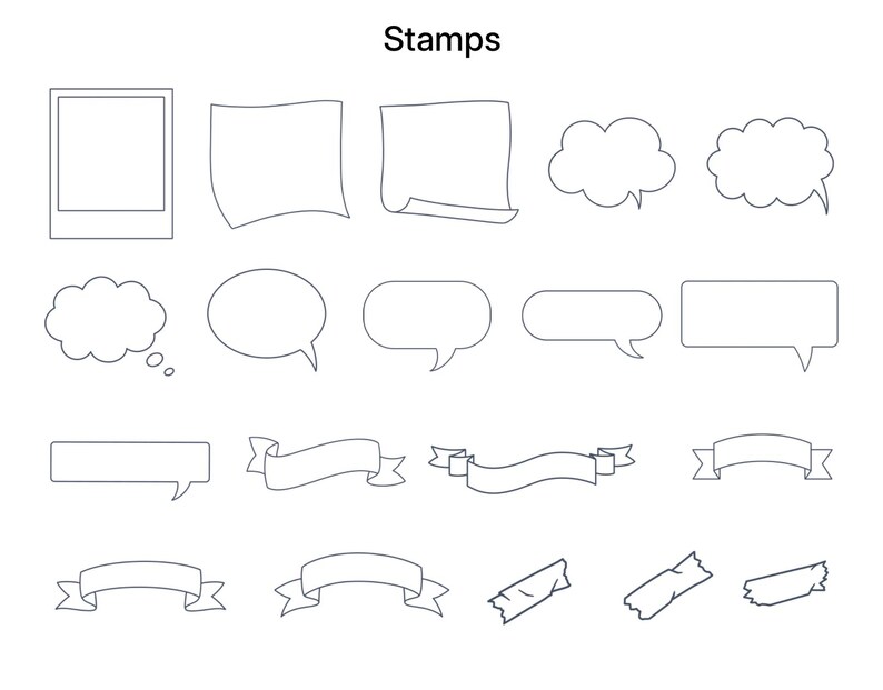 May include: A collection of black and white line art stamps labelled Stamps, featuring various shapes including a polaroid frame, square notes, cloud and oval speech bubbles, rectangular text boxes, decorative ribbons, and three pieces of tape.