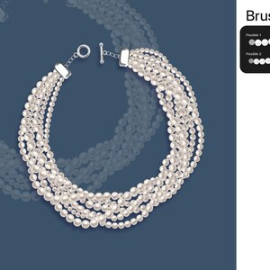 Op de afbeelding: Een meerstrengs ketting bestaande uit talloze kleine, witte, bolvormige kralen gerangschikt in verschillende lagen. De ketting is voorzien van een zilverkleurige knevelsluiting. Rechtsboven toont een zwart kader de tekst Brushes.