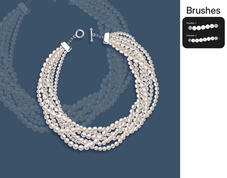 Op de afbeelding: Een meerstrengs ketting bestaande uit talloze kleine, witte, bolvormige kralen gerangschikt in verschillende lagen. De ketting is voorzien van een zilverkleurige knevelsluiting. Rechtsboven toont een zwart kader de tekst Brushes.
