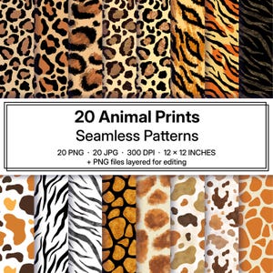 May include: A collection of 20 animal print seamless patterns. The patterns include leopard, tiger, zebra, and giraffe prints in various colors. The image includes the text "20 Animal Prints Seamless Patterns" and "12 x 12 INCHES".