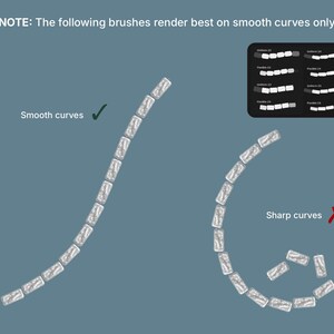 Op de afbeelding: Een digitale instructieafbeelding op een blauwe achtergrond met de tekst: NOTE: The following brushes render best on smooth curves only. Het toont twee voorbeelden van rechthoekige penseelstreken, &eacute;&eacute;n gelabeld Smooth curves met een vinkje en &eacute;&eacute;n gelabeld Sharp curves met een kruisje.