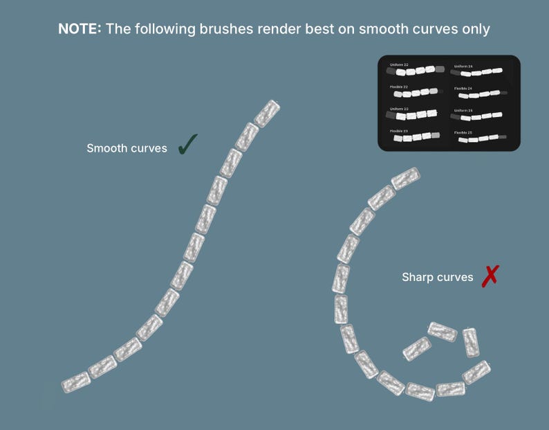 Op de afbeelding: Een digitale instructieafbeelding op een blauwe achtergrond met de tekst: NOTE: The following brushes render best on smooth curves only. Het toont twee voorbeelden van rechthoekige penseelstreken, &eacute;&eacute;n gelabeld Smooth curves met een vinkje en &eacute;&eacute;n gelabeld Sharp curves met een kruisje.