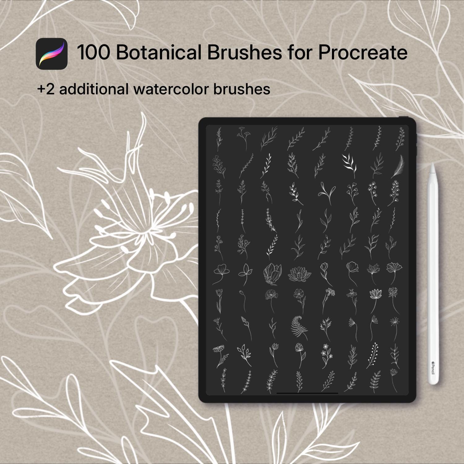 Procreate Botanical Stamps Bundle: Set de pinceles de Flores y Hojas (100+)