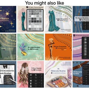 Peut inclure: Une collection de pinceaux d'art num&eacute;rique pour Procreate, comprenant des tampons &eacute;toiles, des textures de tissu, des ornements indiens et africains, des fermetures &eacute;clair, des accessoires de v&ecirc;tements, des tampons n&oelig;uds, des pinceaux aquarelle et des &eacute;l&eacute;ments de ceinture.