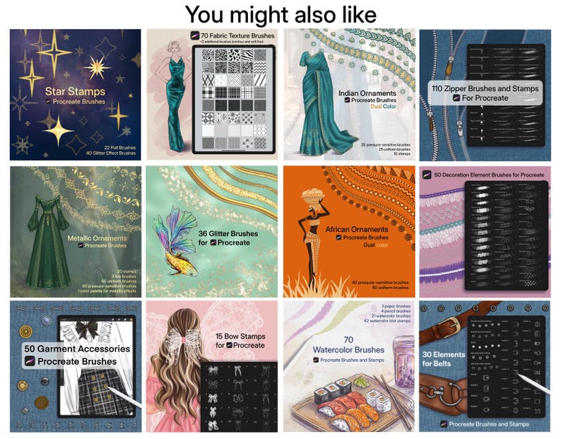 Peut inclure: Une collection de pinceaux d'art num&eacute;rique pour Procreate, comprenant des tampons &eacute;toiles, des textures de tissu, des ornements indiens et africains, des fermetures &eacute;clair, des accessoires de v&ecirc;tements, des tampons n&oelig;uds, des pinceaux aquarelle et des &eacute;l&eacute;ments de ceinture.