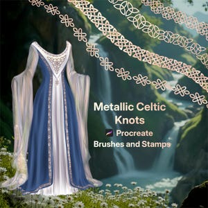 Peut inclure: Une robe à manches longues avec un motif de nœuds celtiques métalliques sur le corsage et les bordures, dans des tons bleu et blanc. Le texte indique Metallic Celtic Knots Procreate Brushes and Stamps, avec des exemples de traits de pinceau.