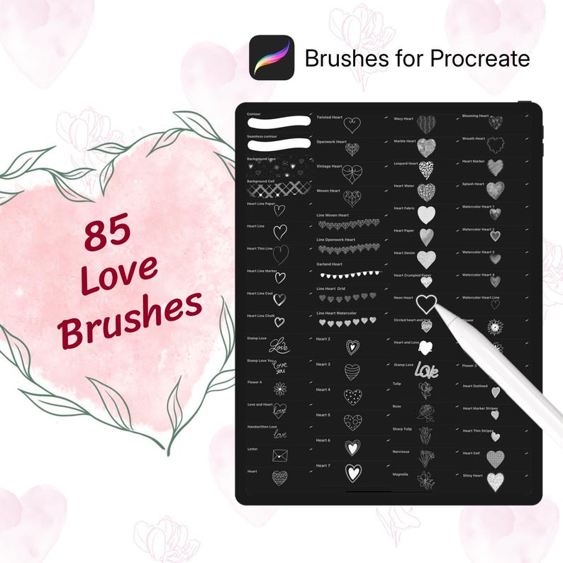 Pinceles y sellos de flores y corazones para Procreate (Descarga digital, archivo .brushset) imagen 1