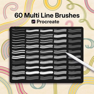 May include: A digital tablet screen displaying 60 Multi Line Brushes for Procreate, featuring a grid of white wavy line samples on a black background, labelled with text like Fixed and Outline, with a white stylus resting on the screen surface.