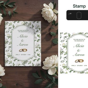 Peut inclure: Invitation de mariage avec les noms "Alicia & Aaron" et des alliances dor&eacute;es. L'invitation pr&eacute;sente un motif floral avec des fleurs blanches et des feuilles vertes. Le texte "April 8 - Saturday - 6 PM" est &eacute;galement inclus.