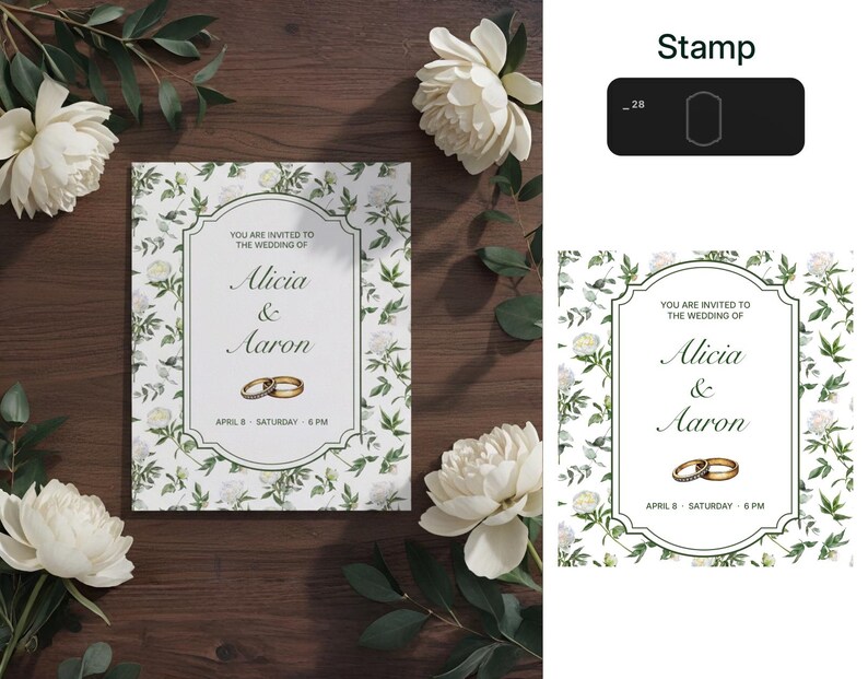 Peut inclure: Invitation de mariage avec les noms "Alicia & Aaron" et des alliances dor&eacute;es. L'invitation pr&eacute;sente un motif floral avec des fleurs blanches et des feuilles vertes. Le texte "April 8 - Saturday - 6 PM" est &eacute;galement inclus.