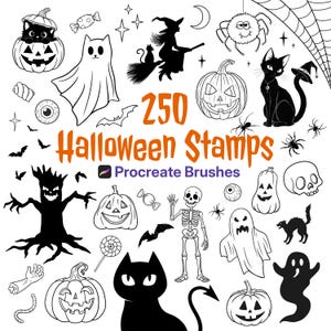 May include: A digital collection of 250 Halloween stamps and Procreate brushes featuring black and white illustrations of pumpkins, ghosts, skeletons, black cats, spiders, bats, candy, and a witch on a broomstick with orange text in the center.