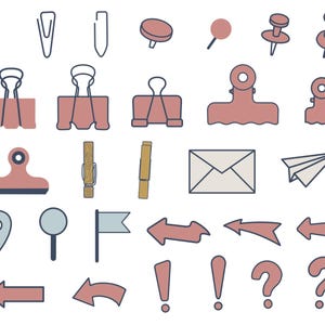May include: A collection of digital icons featuring office and stationery supplies in muted pink, blue, and beige tones. The set includes paper clips, binder clips, push pins, a wooden clothespin, an envelope, a paper airplane, map pins, and arrows.