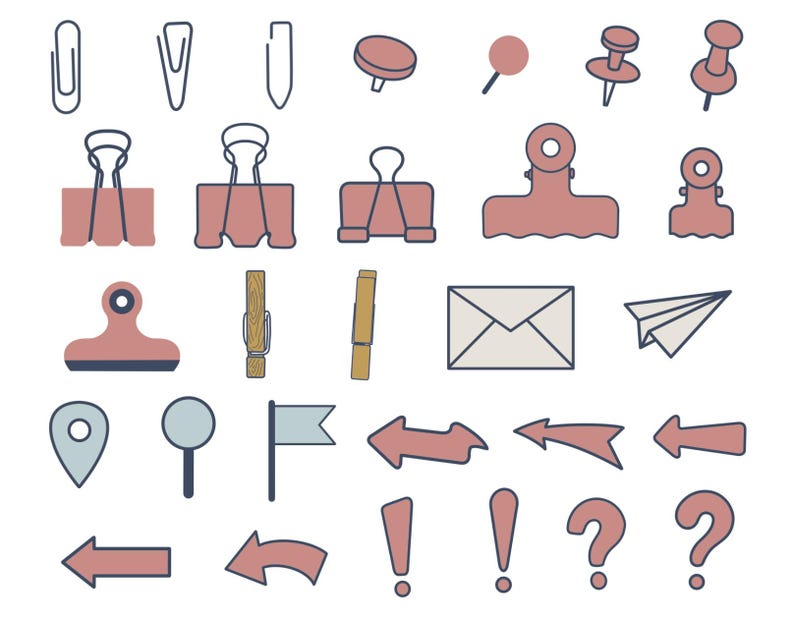 May include: A collection of digital icons featuring office and stationery supplies in muted pink, blue, and beige tones. The set includes paper clips, binder clips, push pins, a wooden clothespin, an envelope, a paper airplane, map pins, and arrows.