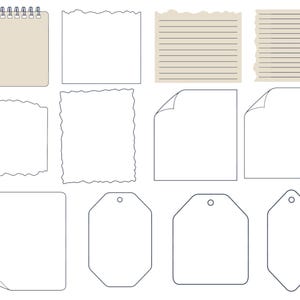 May include: A collection of stationery elements including a spiral-bound notepad, various rectangular paper sheets with torn or smooth edges, lined paper, and several geometric tags with punched holes, all rendered in simple black outlines and beige fills.