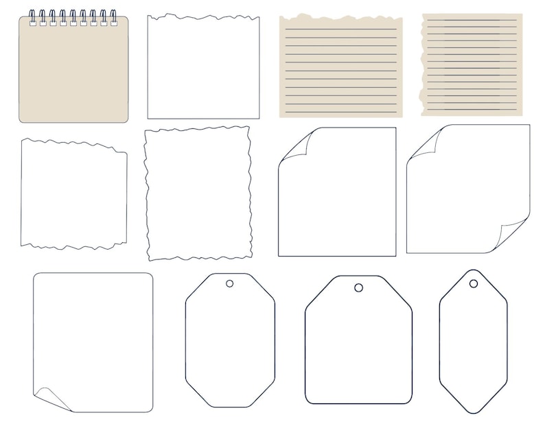 May include: A collection of stationery elements including a spiral-bound notepad, various rectangular paper sheets with torn or smooth edges, lined paper, and several geometric tags with punched holes, all rendered in simple black outlines and beige fills.