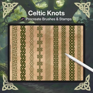 May include: A digital tablet screen displays a collection of dark green Celtic knot patterns arranged in vertical columns on a textured tan background. The text reads Celtic Knots Procreate Brushes & Stamps. A white stylus rests on the screen.
