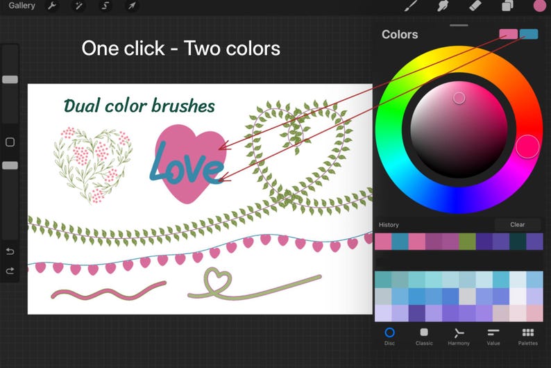 Puede incluir: Una interfaz de aplicaci&oacute;n de ilustraci&oacute;n digital con una rueda de colores, un historial de colores y un dibujo de un coraz&oacute;n con la palabra "Love" en su interior. El texto "One click - Two colors" y "Dual color brushes" tambi&eacute;n es visible.