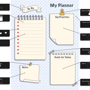 May include: A digital planner template featuring a light blue dotted background with sections labelled My Planner, To Do, Top Priorities, Goals for Today, and Notes. It includes a spiral-bound notepad, paper sheets, a binder clip, pushpin, and tape.
