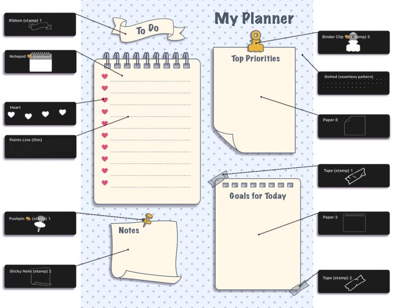 May include: A digital planner template featuring a light blue dotted background with sections labelled My Planner, To Do, Top Priorities, Goals for Today, and Notes. It includes a spiral-bound notepad, paper sheets, a binder clip, pushpin, and tape.
