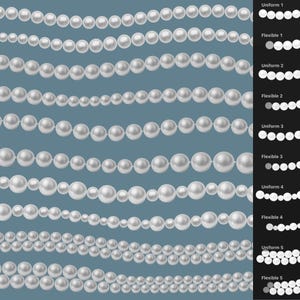 Op de afbeelding: Een verzameling van tien horizontale parelsnoeren tegen een blauwe achtergrond, met een zwarte zijbalk aan de rechterkant met de labels Uniform 1 tot 5 en Flexible 1 tot 5, elk met een bijbehorend wit parelpatroon.
