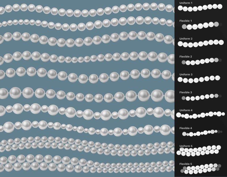 Op de afbeelding: Een verzameling van tien horizontale parelsnoeren tegen een blauwe achtergrond, met een zwarte zijbalk aan de rechterkant met de labels Uniform 1 tot 5 en Flexible 1 tot 5, elk met een bijbehorend wit parelpatroon.