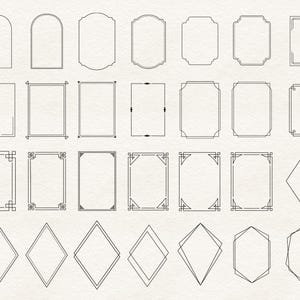Peut inclure: Une collection de cadres noirs dessin&eacute;s au trait, de formes vari&eacute;es, notamment des rectangles, des arches et des diamants. Certains cadres pr&eacute;sentent des d&eacute;tails d&eacute;coratifs aux coins. Sur fond textur&eacute; blanc cass&eacute;.