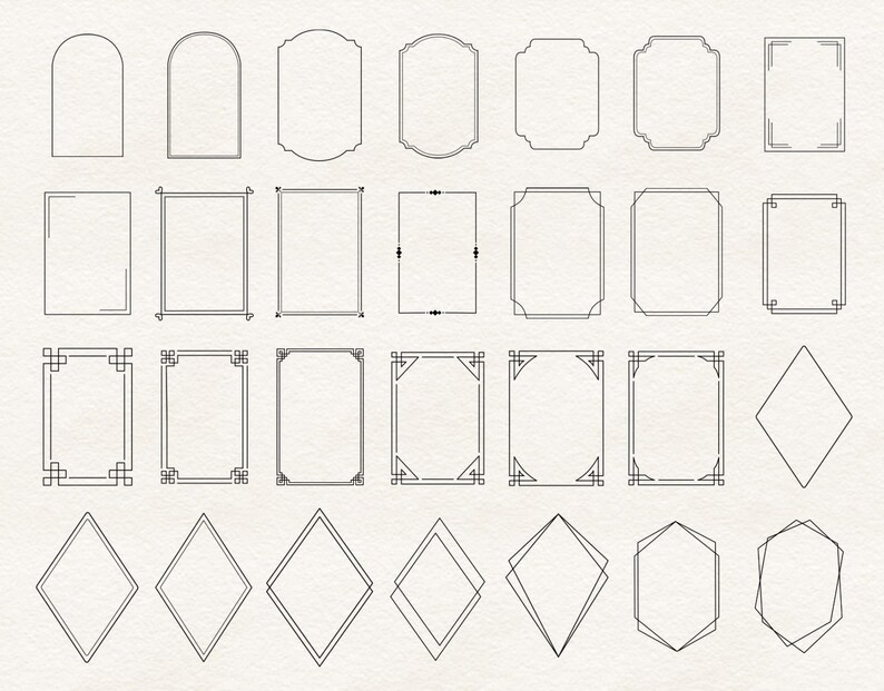 Peut inclure: Une collection de cadres noirs dessin&eacute;s au trait, de formes vari&eacute;es, notamment des rectangles, des arches et des diamants. Certains cadres pr&eacute;sentent des d&eacute;tails d&eacute;coratifs aux coins. Sur fond textur&eacute; blanc cass&eacute;.