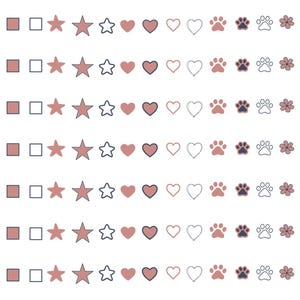 May include: A repeating horizontal pattern of icons arranged in seven rows. Each row contains a circle, a solid square, a filled square, an empty square, a solid star, a filled star, an empty star, a solid heart, a filled heart, an empty heart, a solid paw print, a filled paw print, an empty paw print, a solid flower, a filled flower, and an empty flower.