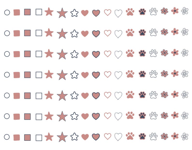 May include: A repeating horizontal pattern of icons arranged in seven rows. Each row contains a circle, a solid square, a filled square, an empty square, a solid star, a filled star, an empty star, a solid heart, a filled heart, an empty heart, a solid paw print, a filled paw print, an empty paw print, a solid flower, a filled flower, and an empty flower.