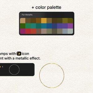 Peut inclure: Image pr&eacute;sentant une palette de couleurs m&eacute;talliques, une interface noire avec un cercle et une ic&ocirc;ne d'&eacute;toile, et le texte "Stamps with icon paint with a metallic effect."