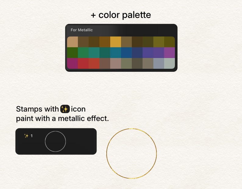 Peut inclure: Image pr&eacute;sentant une palette de couleurs m&eacute;talliques, une interface noire avec un cercle et une ic&ocirc;ne d'&eacute;toile, et le texte "Stamps with icon paint with a metallic effect."