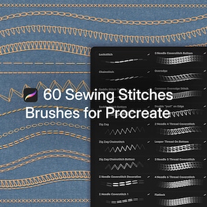 60 Procreate Fashion Brushes, Stitches for Flat Sketches, Overlock, Decorative, Coverstitch, Single & Double Needle