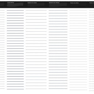 May include: A white digital template featuring six vertical columns with black headers labelled Lined (thin), Lined (thick), Dotted Line (thin), Dotted Line (thick), Points Line (thin), and Points Line (thick) above corresponding line styles.