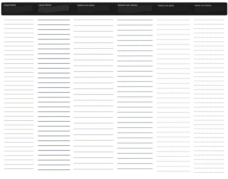 May include: A white digital template featuring six vertical columns with black headers labelled Lined (thin), Lined (thick), Dotted Line (thin), Dotted Line (thick), Points Line (thin), and Points Line (thick) above corresponding line styles.