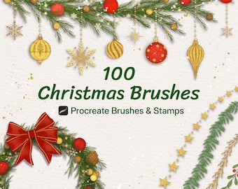 Pinceles navideños para Procreate. Brillo, línea bicolor y sellos (Descarga digital, archivo .brushset).
