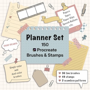 May include: A digital planner set featuring 150 Procreate brushes and stamps, including 96 line brushes, 49 stamps, and 5 seamless patterns. The graphic displays various stationery elements like paper notes, tape, clips, and speech bubbles on a grid background.