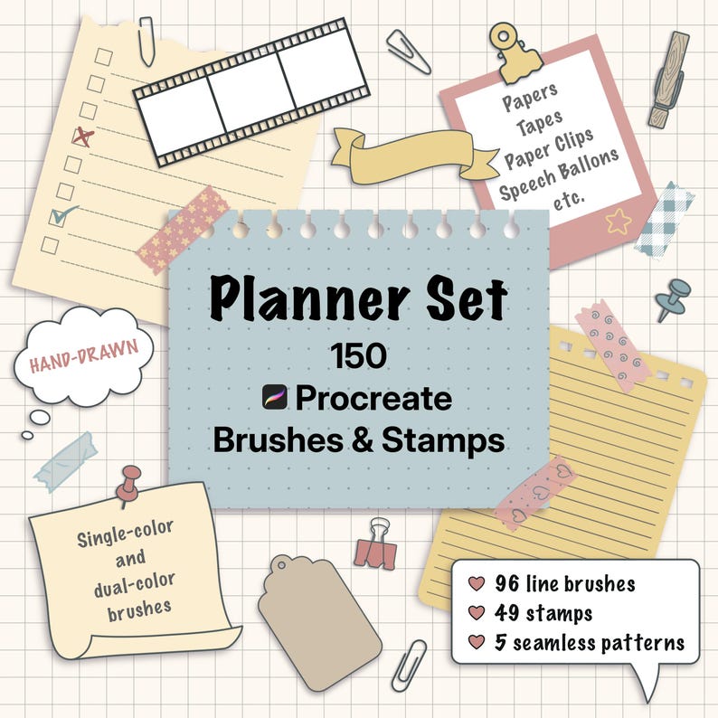 May include: A digital planner set featuring 150 Procreate brushes and stamps, including 96 line brushes, 49 stamps, and 5 seamless patterns. The graphic displays various stationery elements like paper notes, tape, clips, and speech bubbles on a grid background.