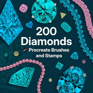 Puede incluir: Un gráfico digital con varias ilustraciones de diamantes en color cian y rosa, incluyendo gemas sueltas y cadenas de cuentas, sobre un fondo verde azulado oscuro con el texto blanco 200 Diamonds Procreate Brushes and Stamps.