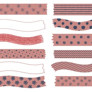 May include: A collection of twelve strips of decorative tape in a dusty rose colour. The designs include dark blue suns, horizontal lines, polka dots, paw prints, hearts, zigzags, a diamond grid, flowers, swirls, and one strip with a glittery texture.