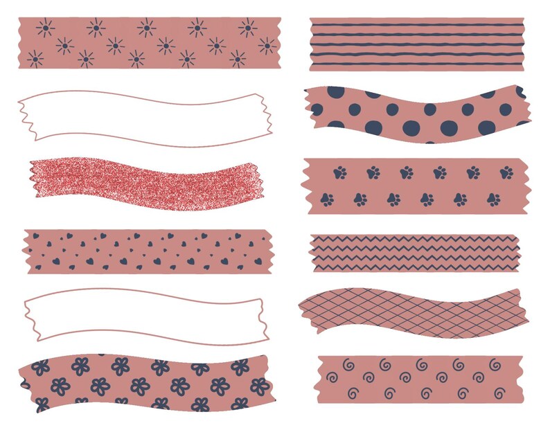 May include: A collection of twelve strips of decorative tape in a dusty rose colour. The designs include dark blue suns, horizontal lines, polka dots, paw prints, hearts, zigzags, a diamond grid, flowers, swirls, and one strip with a glittery texture.
